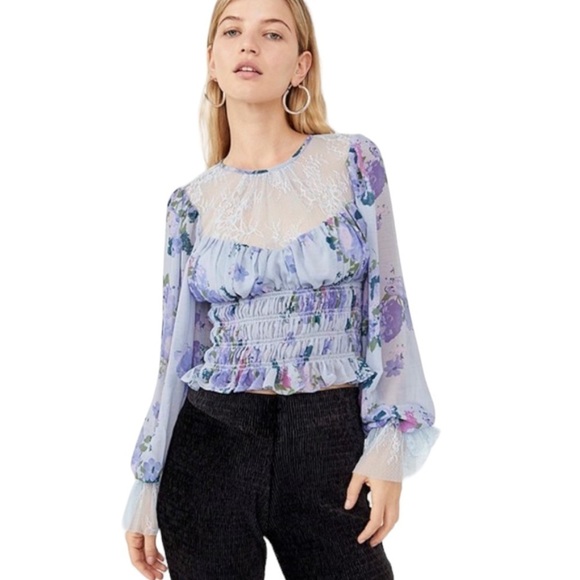 Nwot Free People Daphne Floral Print Lace Sheer Yoke Smocked Hem Blouse Size M - Picture 6 of 14